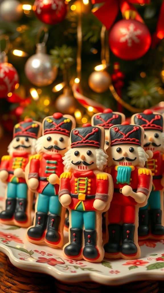 Nutcracker Christmas Cookies Recipe Decorated Nutcracker Christmas cookies on a plate with festive background.